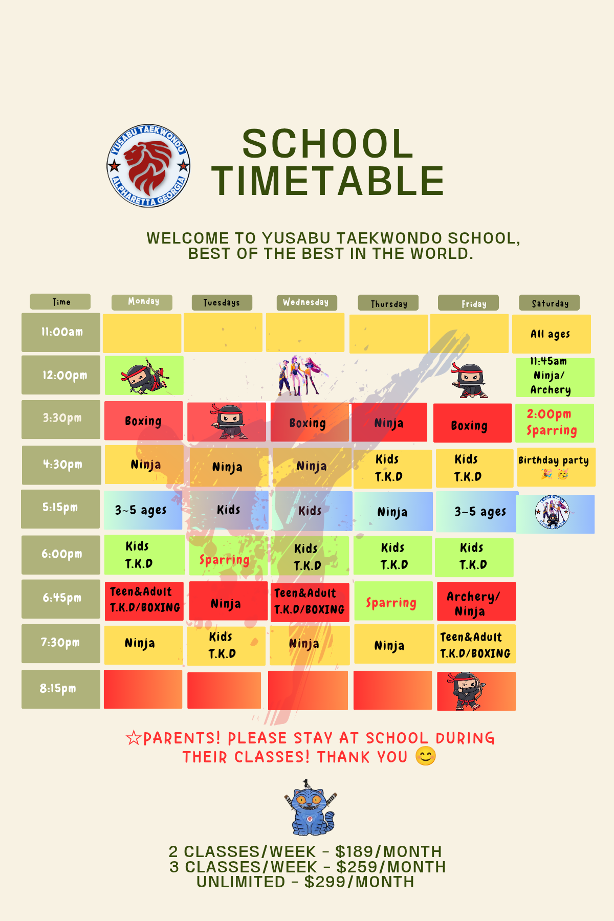 Yusabu Class Schedule